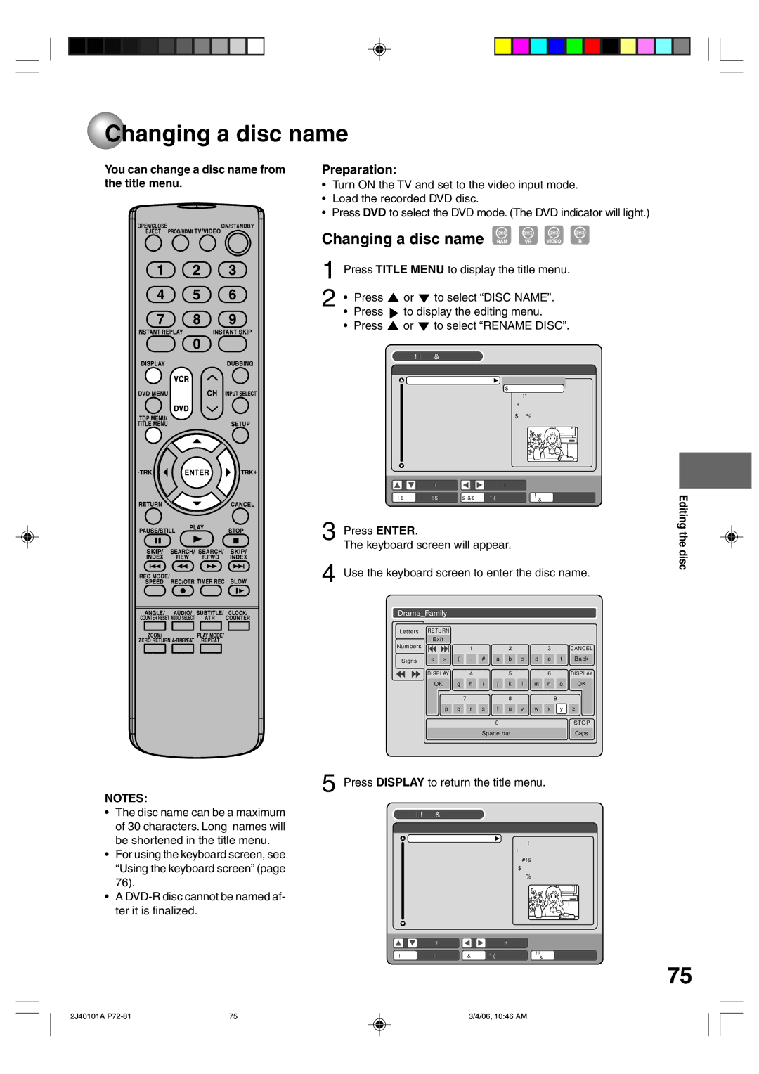 Toshiba D-VR5SU owner manual Changing a disc name, You can change a disc name from the title menu 