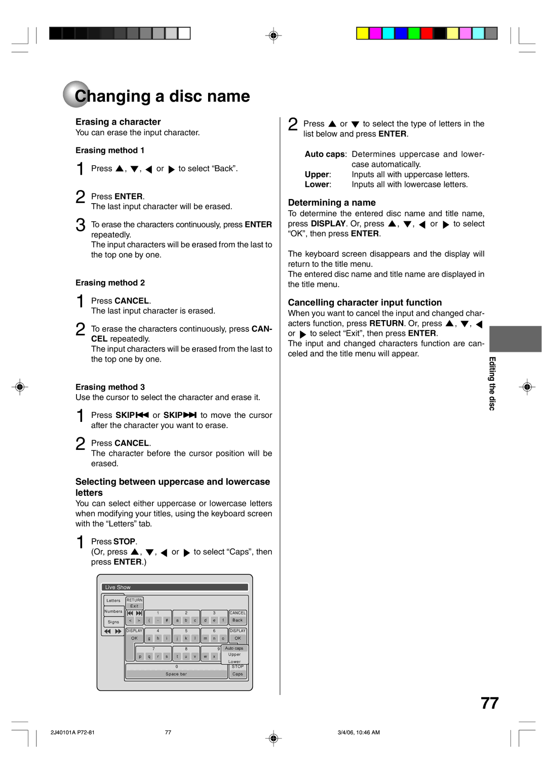 Toshiba D-VR5SU Erasing a character, Selecting between uppercase and lowercase letters, Determining a name, Erasing method 