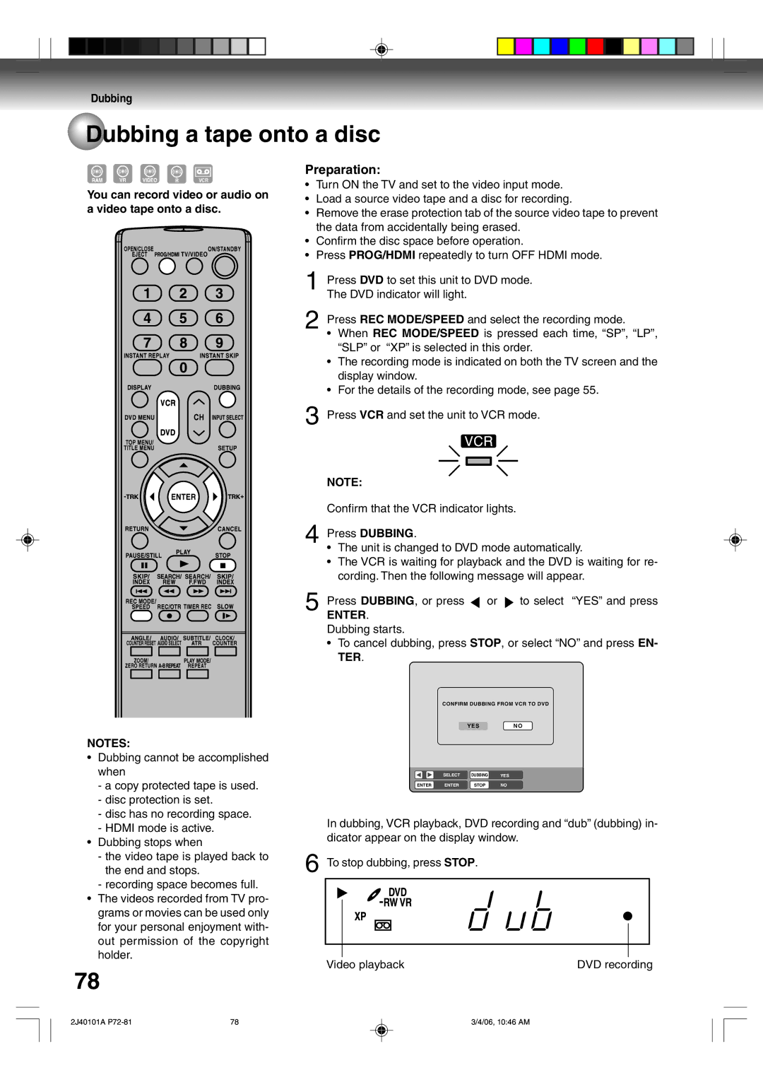 Toshiba D-VR5SU owner manual Dubbing a tape onto a disc, You can record video or audio on a video tape onto a disc 