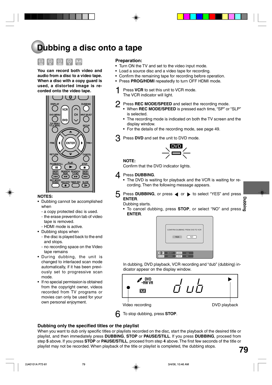 Toshiba D-VR5SU owner manual Dubbing a disc onto a tape, Dubbing only the specified titles or the playlist, Dubbing starts 