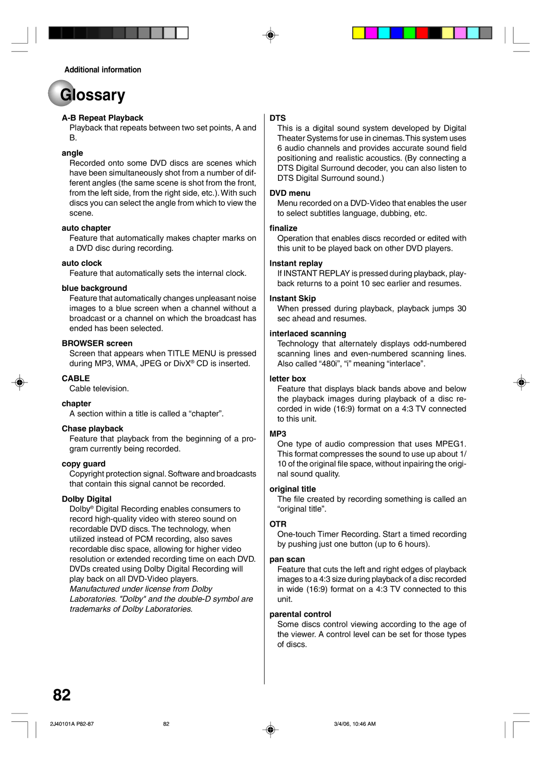 Toshiba D-VR5SU owner manual Glossary, Cable, Dts, MP3, Otr 