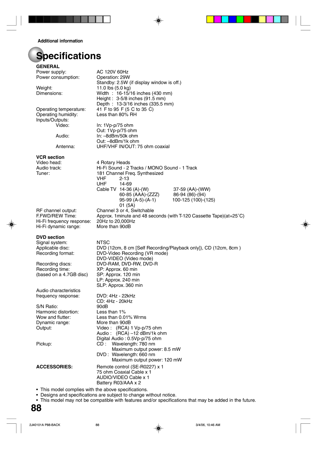 Toshiba D-VR5SU owner manual Specifications, General, VCR section, DVD section 