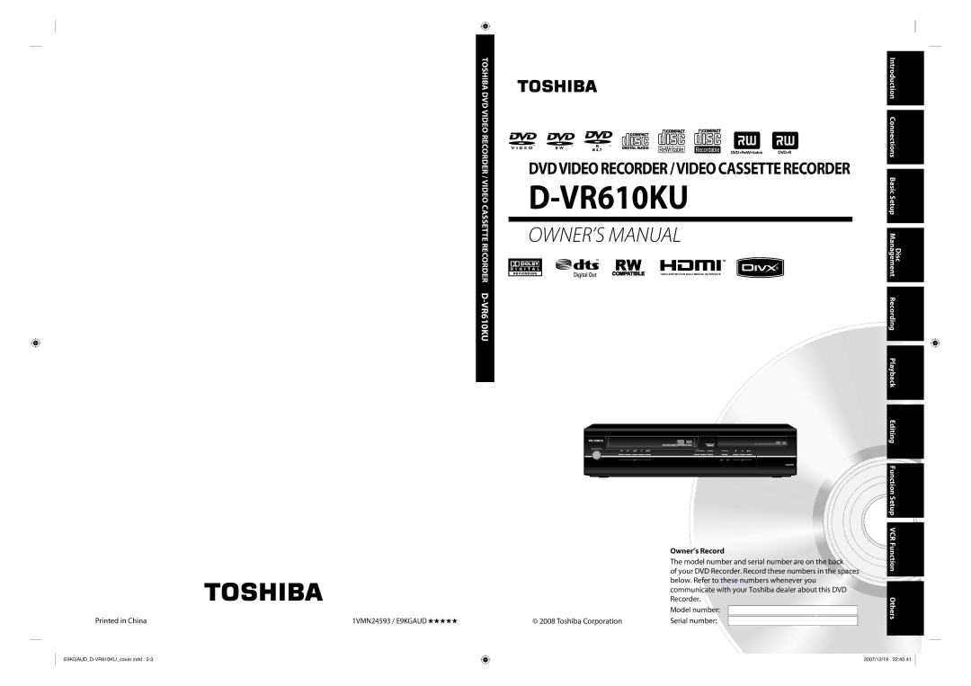 Toshiba D-VR610KU owner manual Owner’s Record, Editing 