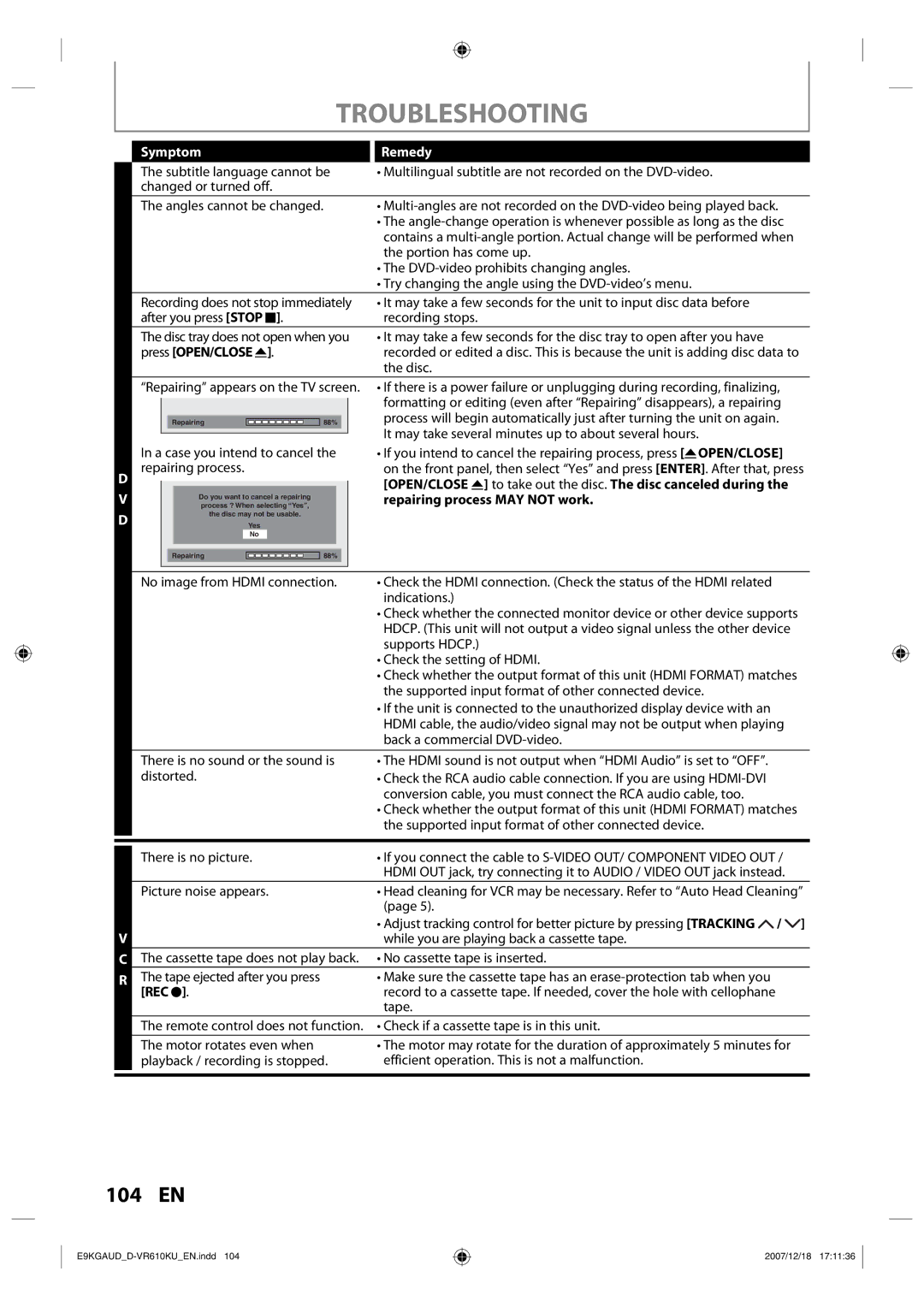 Toshiba D-VR610KU owner manual There is no picture Picture noise appears, Rec 