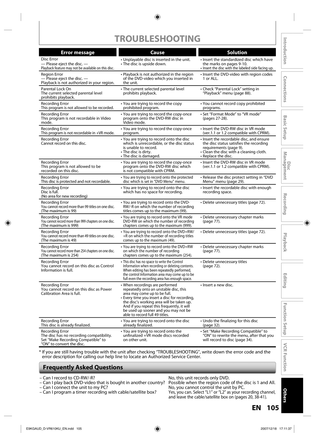 Toshiba D-VR610KU owner manual Frequently Asked Questions, Can I record to CD-RW/-R? No, this unit records only DVD 