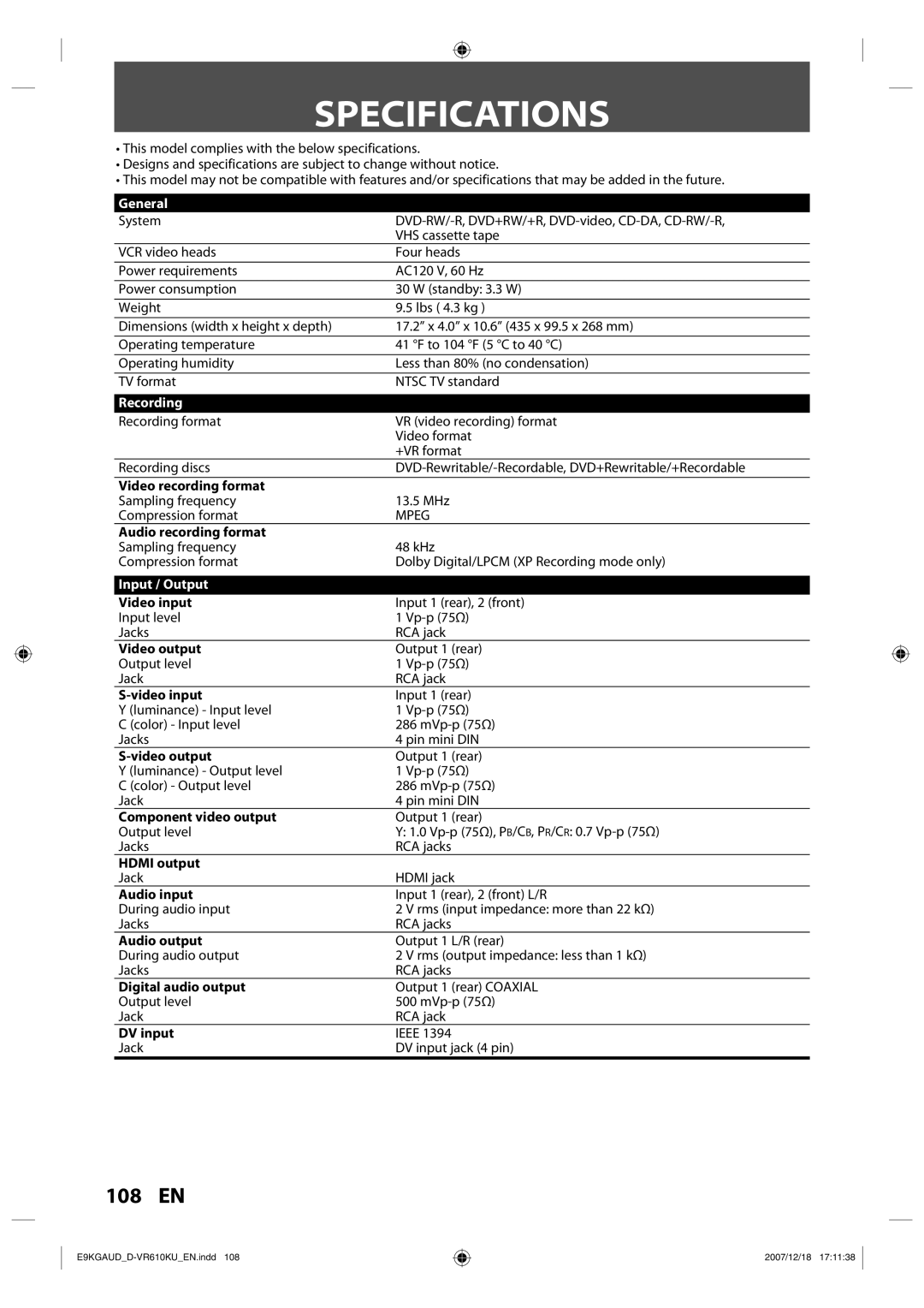 Toshiba D-VR610KU owner manual Specifications, General, Input / Output 