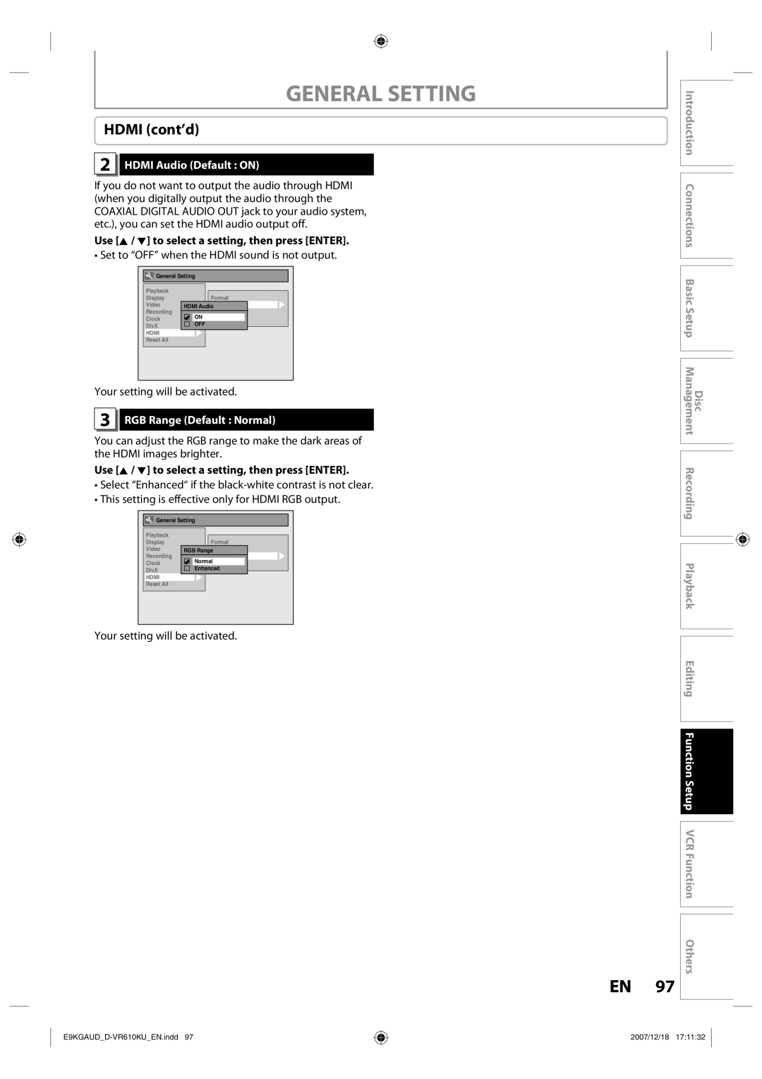 Toshiba D-VR610KU owner manual General Setting 