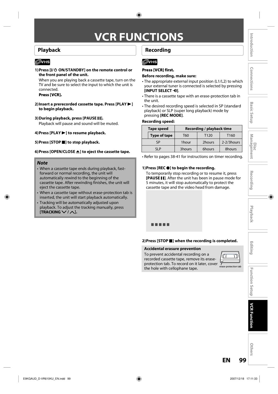 Toshiba D-VR610KU owner manual VCR Functions 