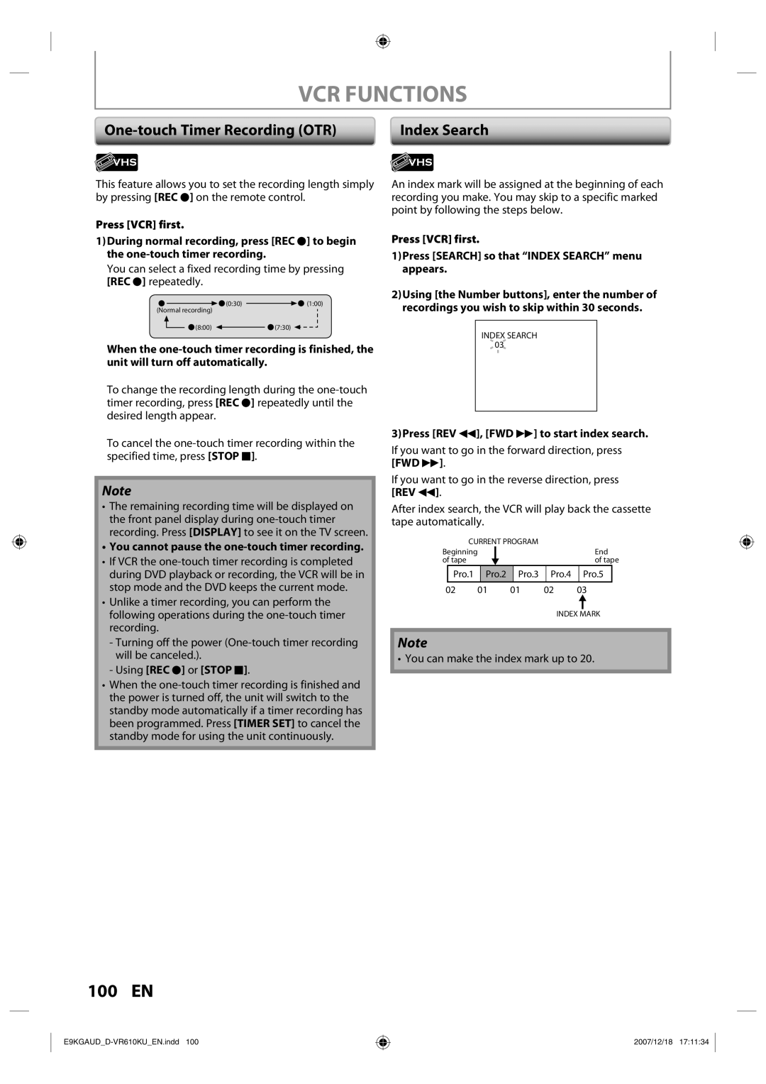 Toshiba D-VR610KU owner manual VCR Functions 