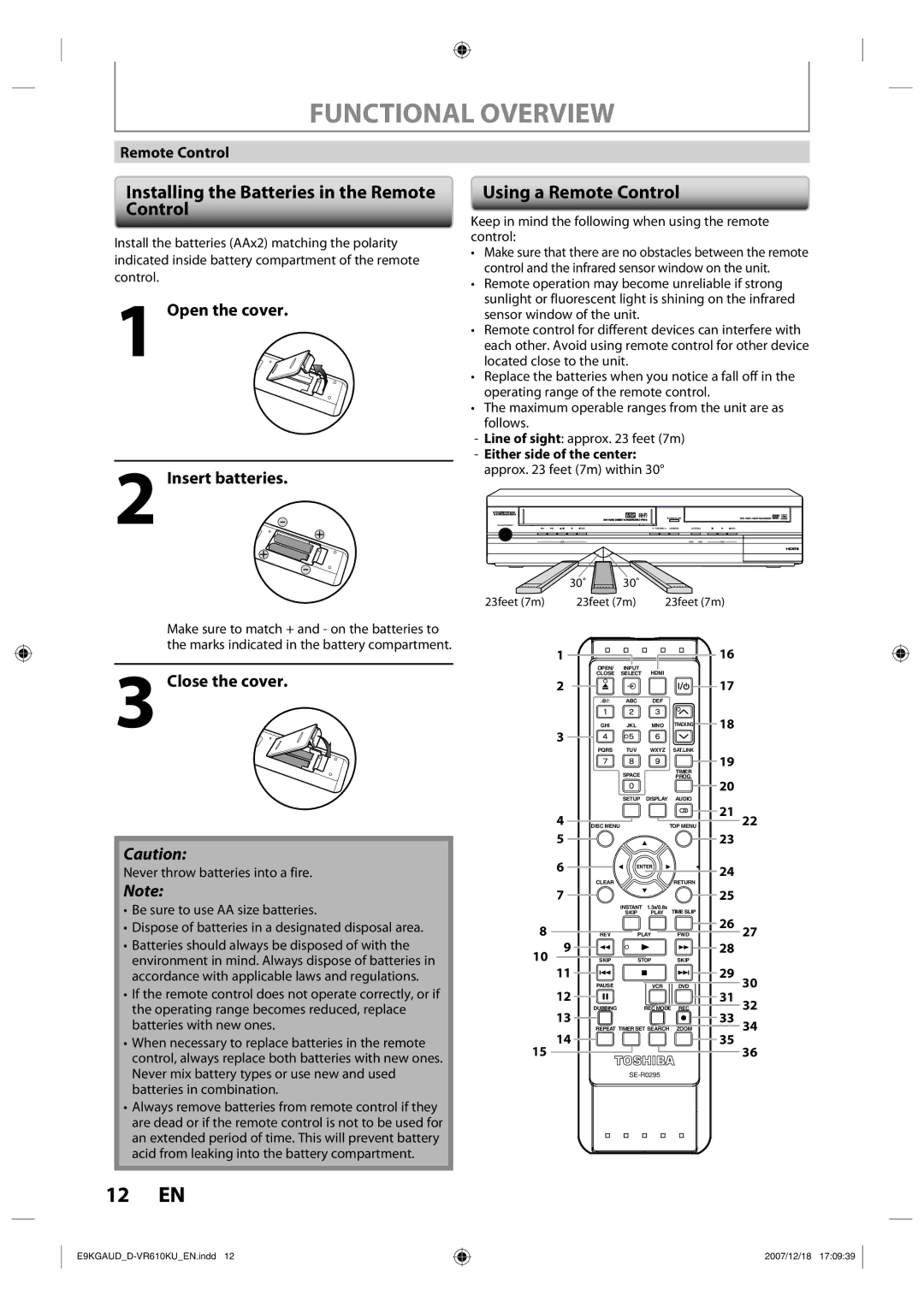 Toshiba D-VR610KU owner manual Functional Overview, Installing the Batteries in the Remote Control, Using a Remote Control 