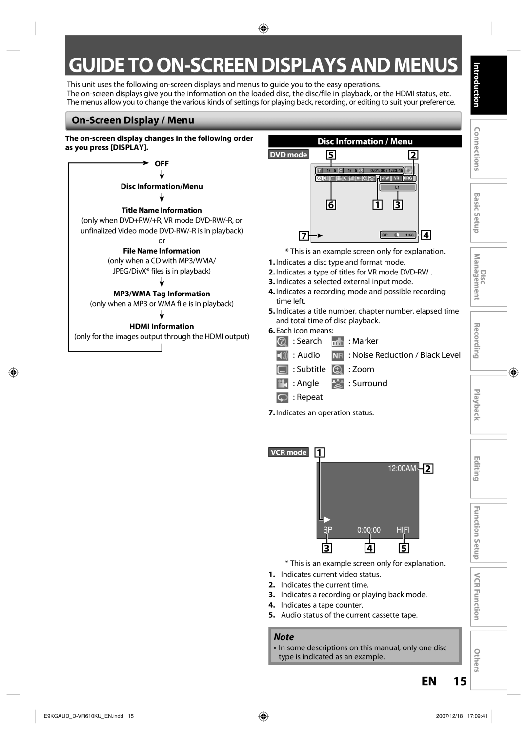 Toshiba D-VR610KU owner manual On-Screen Display / Menu, Off 