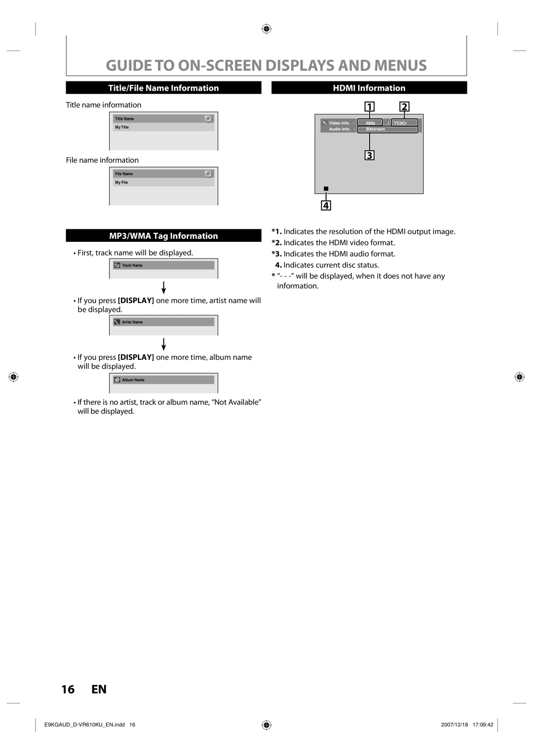 Toshiba D-VR610KU owner manual Guide to ON-SCREEN Displays and Menus, Title name information, File name information 