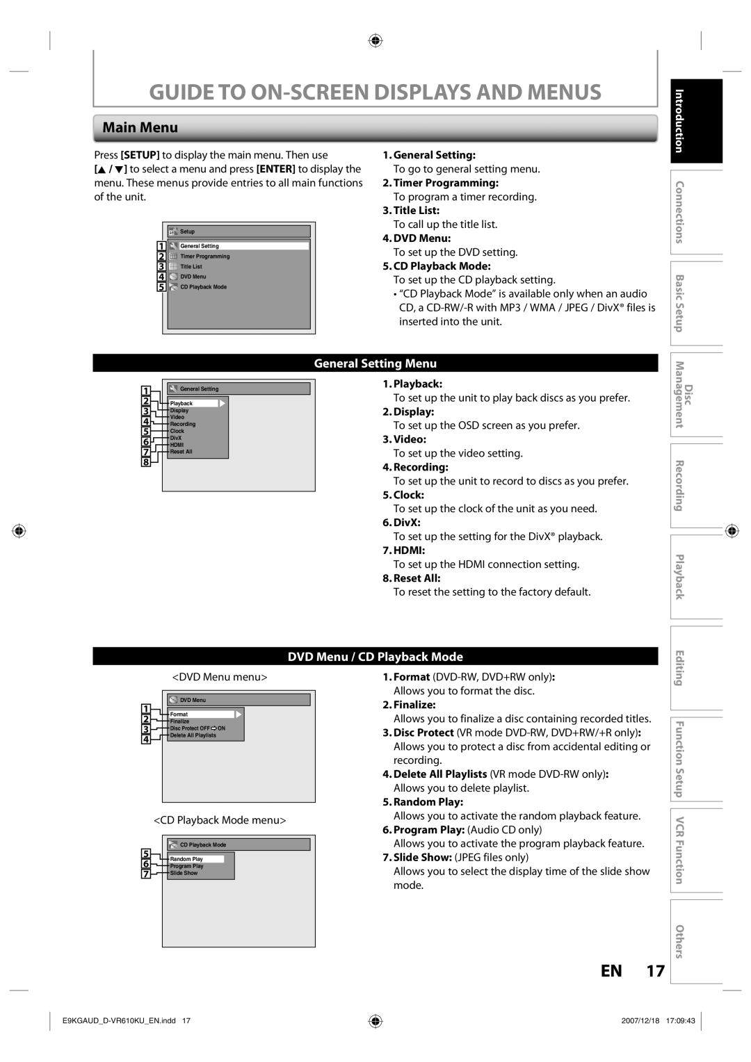 Toshiba D-VR610KU owner manual Main Menu 