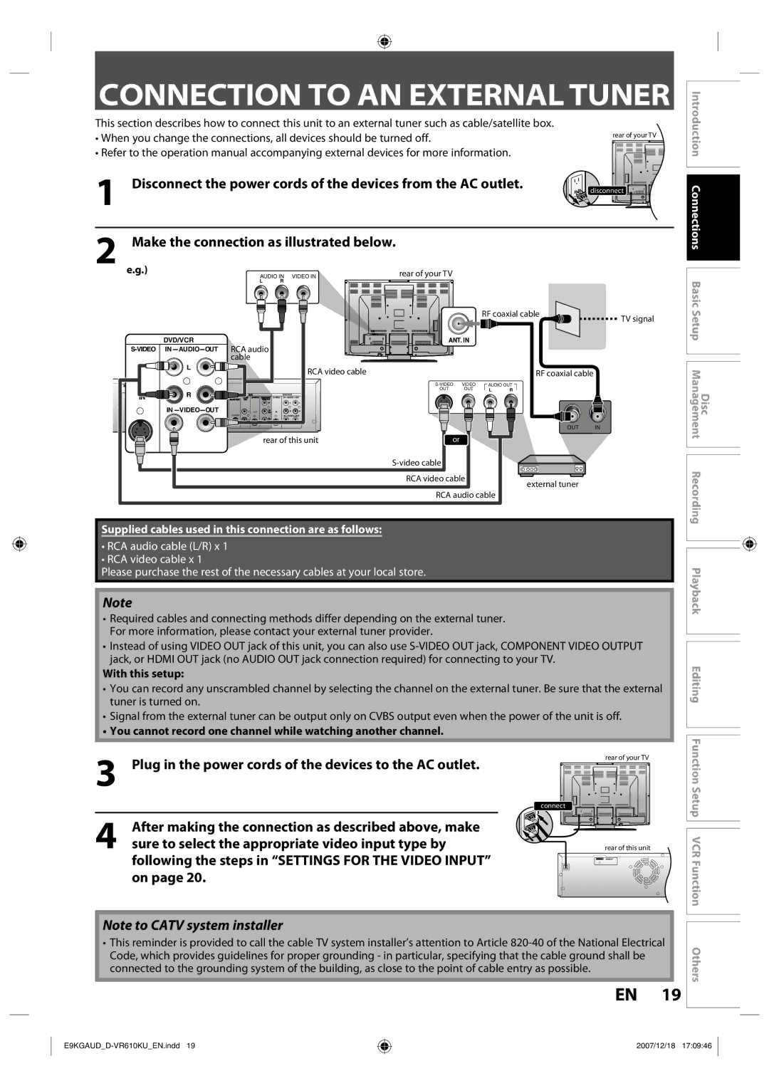 Toshiba D-VR610KU Make the connection as illustrated below, Plug in the power cords of the devices to the AC outlet 