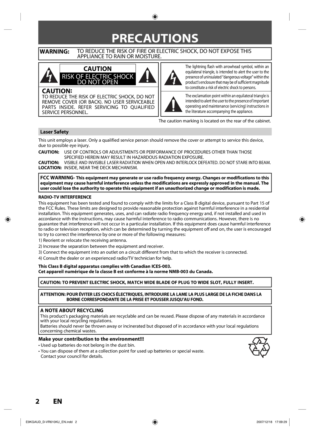 Toshiba D-VR610KU owner manual Precautions, Laser Safety, Make your contribution to the environment, RADIO-TV Interference 