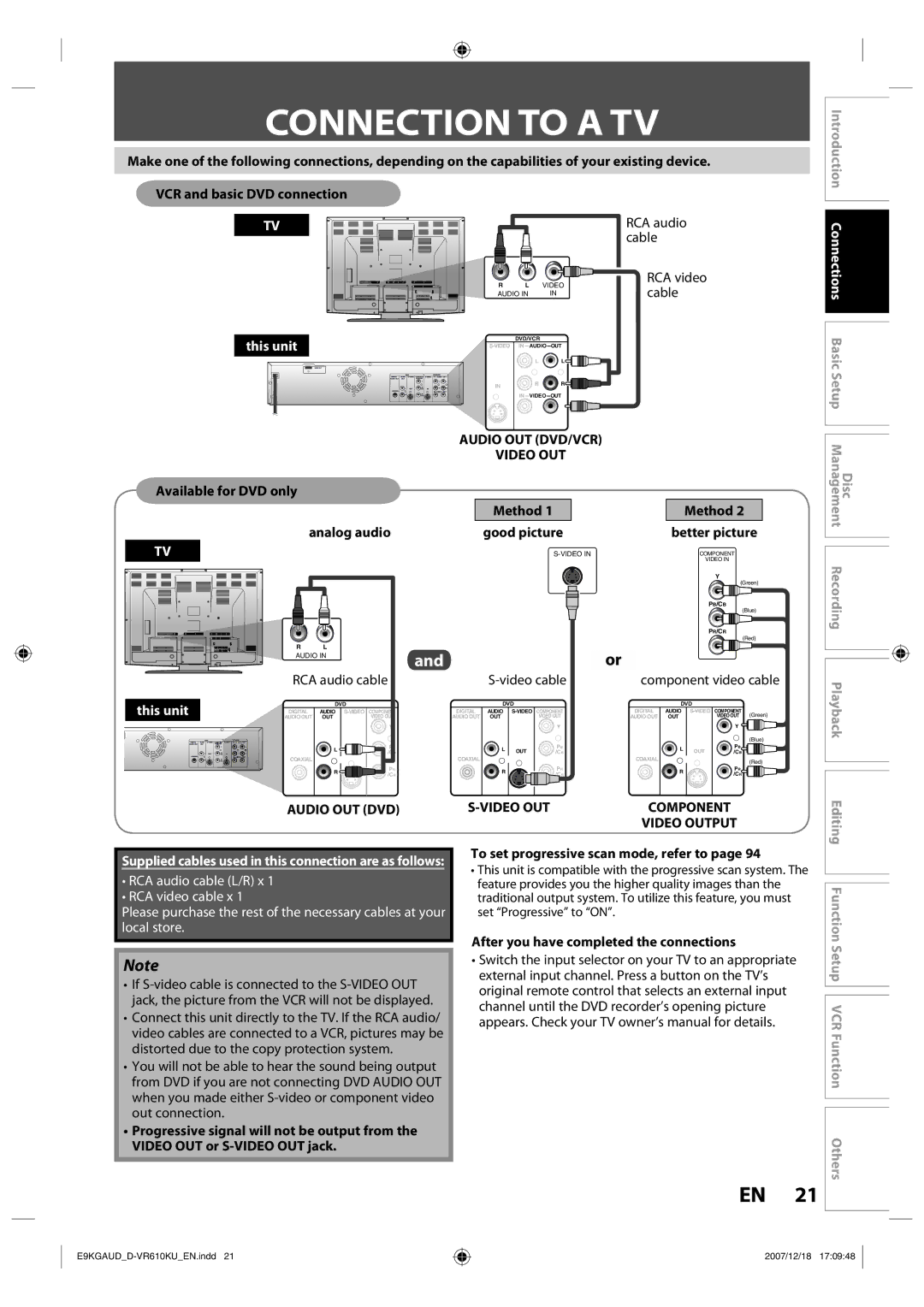 Toshiba D-VR610KU owner manual Connection to a TV, This unit, Audio OUT DVD, Video OUT Component Video Output 