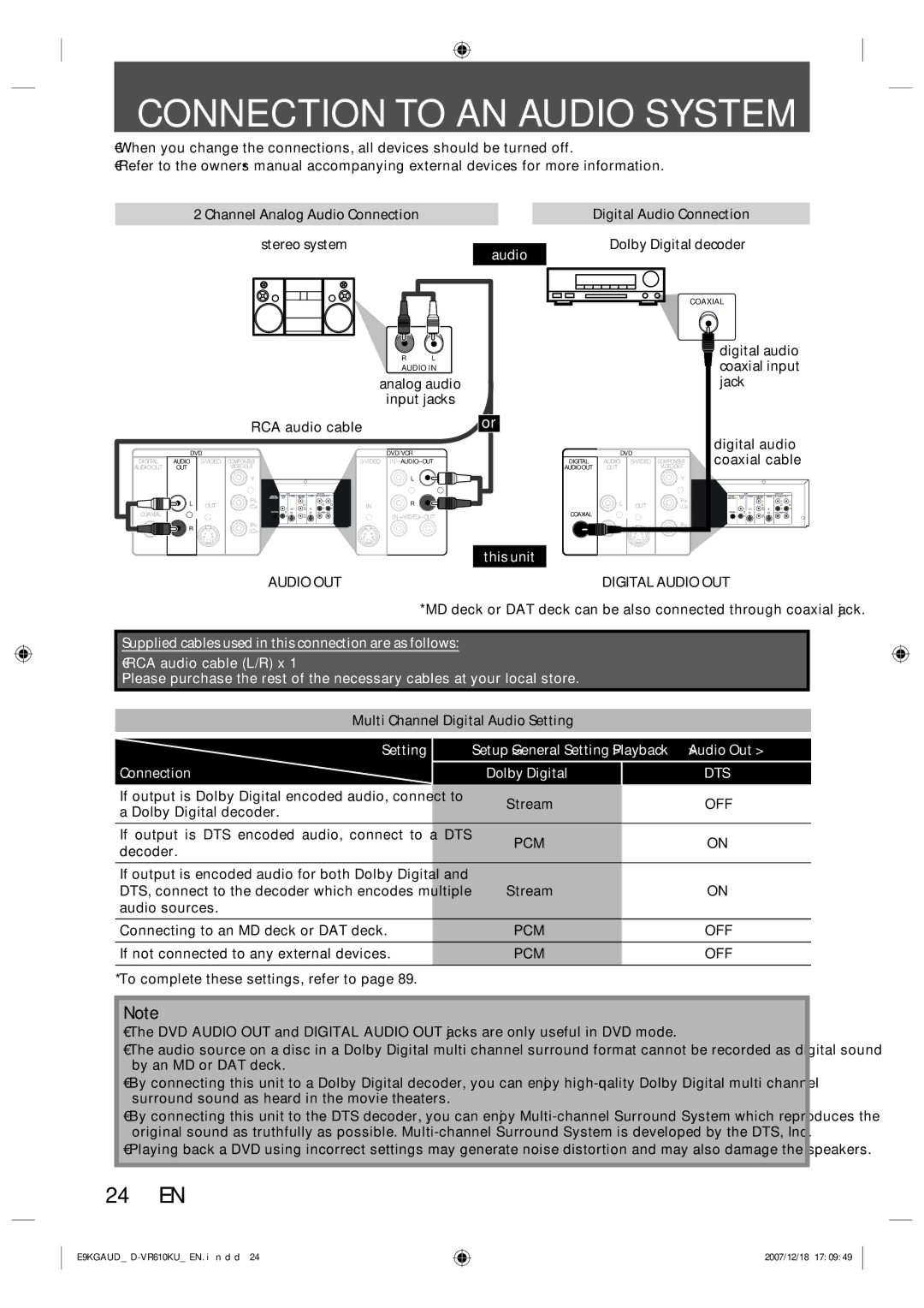 Toshiba D-VR610KU owner manual Connection to AN Audio System, Digital Audio OUT 