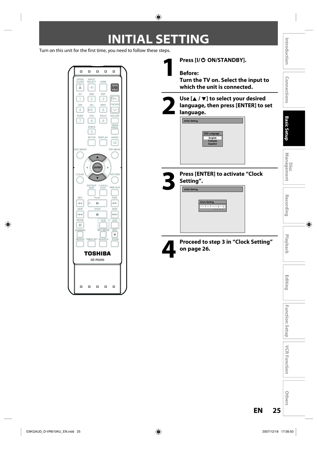 Toshiba D-VR610KU owner manual Initial Setting, Press Enter to activate Clock, Proceed to in Clock Setting on 