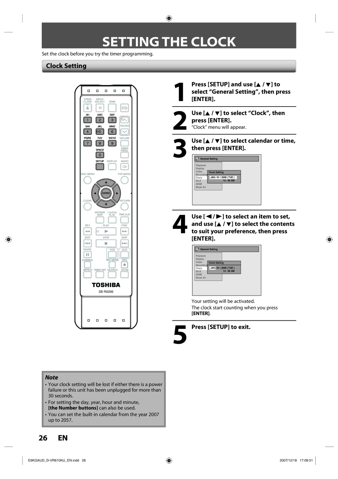 Toshiba D-VR610KU owner manual Setting the Clock, Clock Setting, Use K / L to select calendar or time, then press Enter 