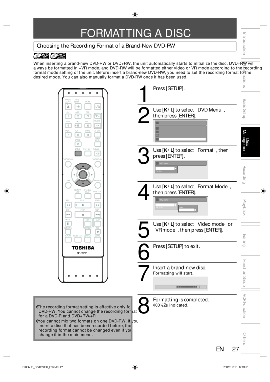 Toshiba D-VR610KU owner manual Formatting a Disc, Choosing the Recording Format of a Brand-New DVD-RW 