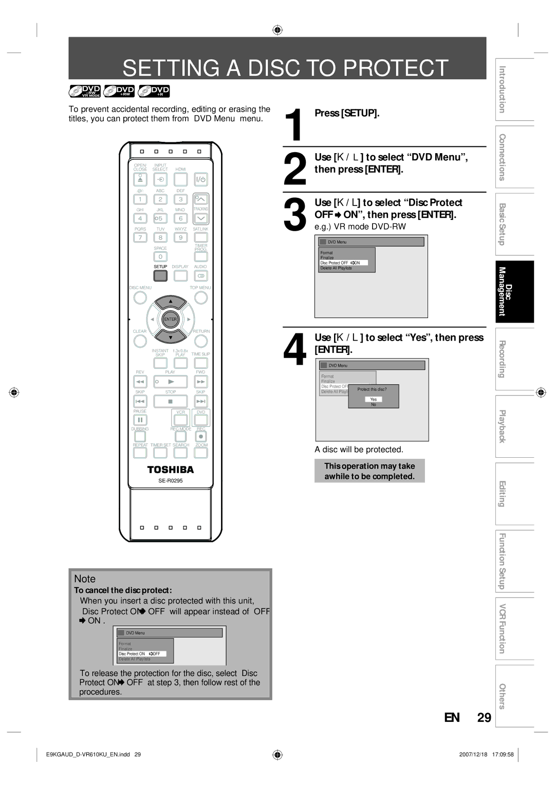 Toshiba D-VR610KU owner manual Setting a Disc to Protect, Press Setup Use K / L to select DVD Menu, then press Enter 