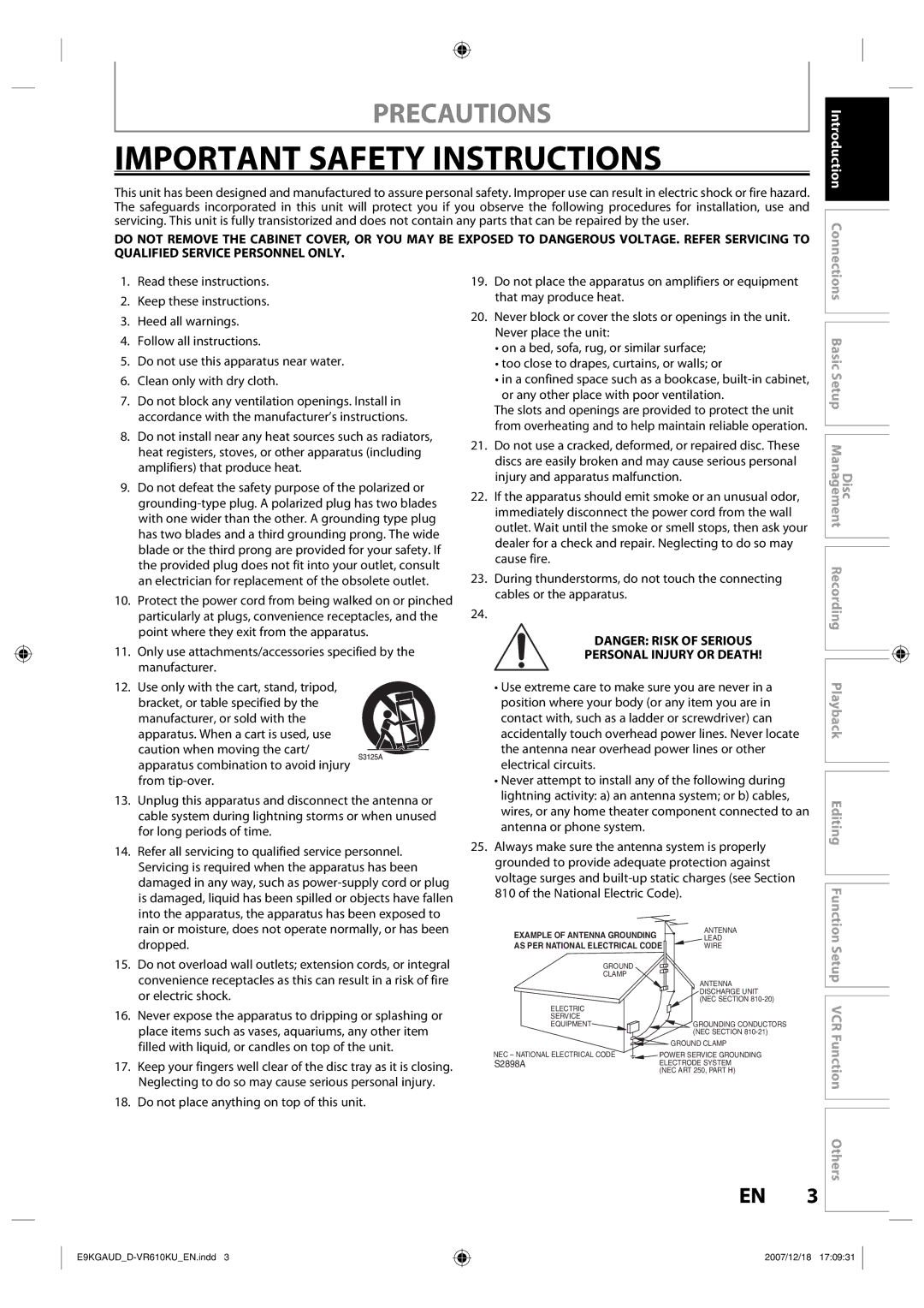 Toshiba D-VR610KU owner manual Important Safety Instructions, Precautions 