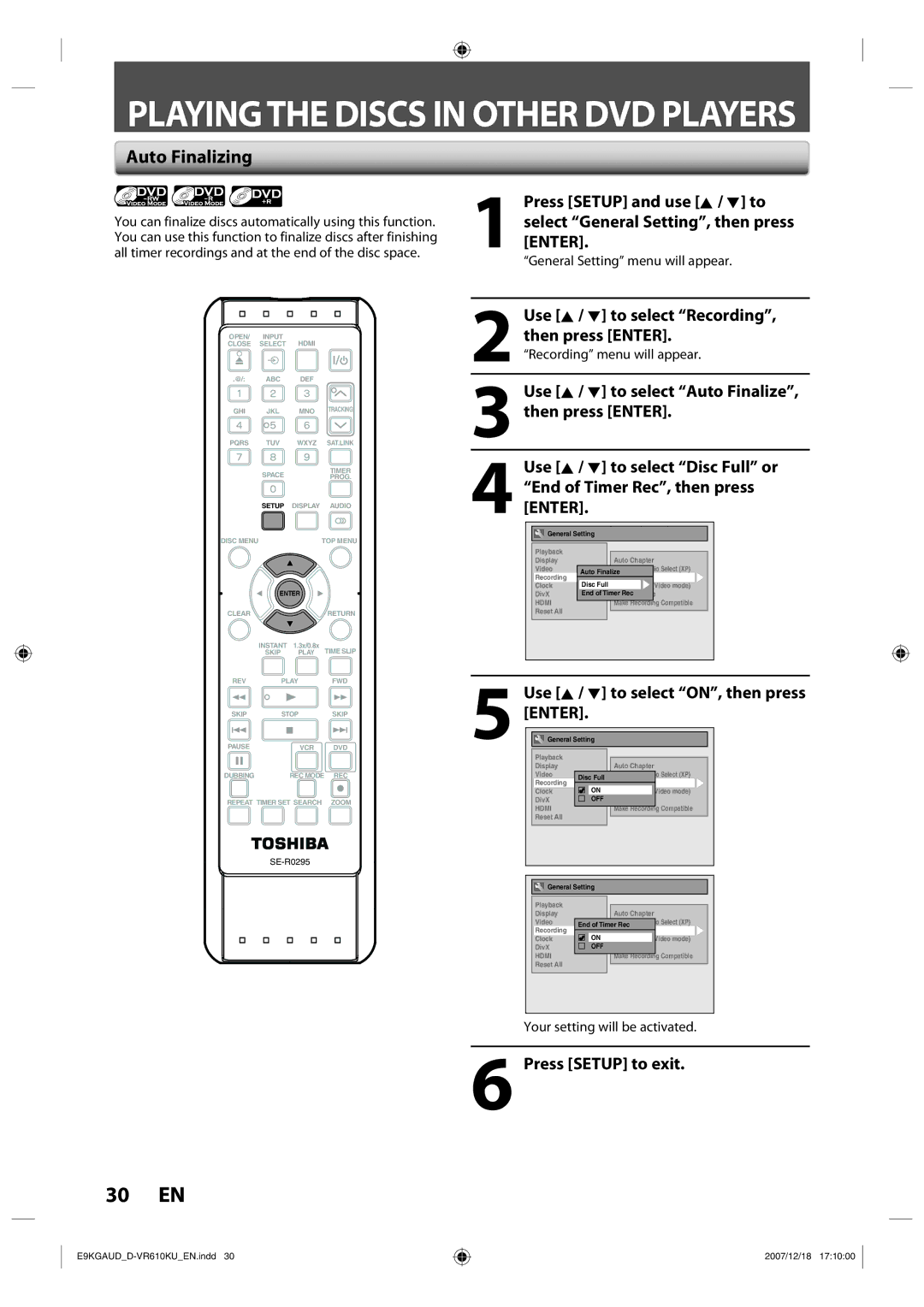 Toshiba D-VR610KU owner manual Auto Finalizing, General Setting menu will appear, Your setting will be activated 