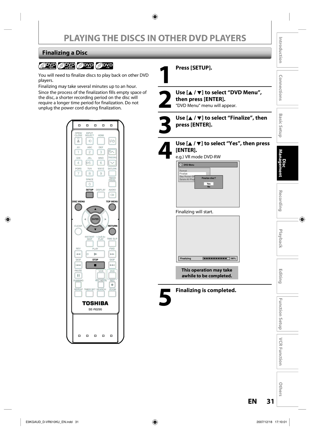 Toshiba D-VR610KU owner manual Playing the Discs in Other DVD Players, Finalizing a Disc, Finalizing is completed 