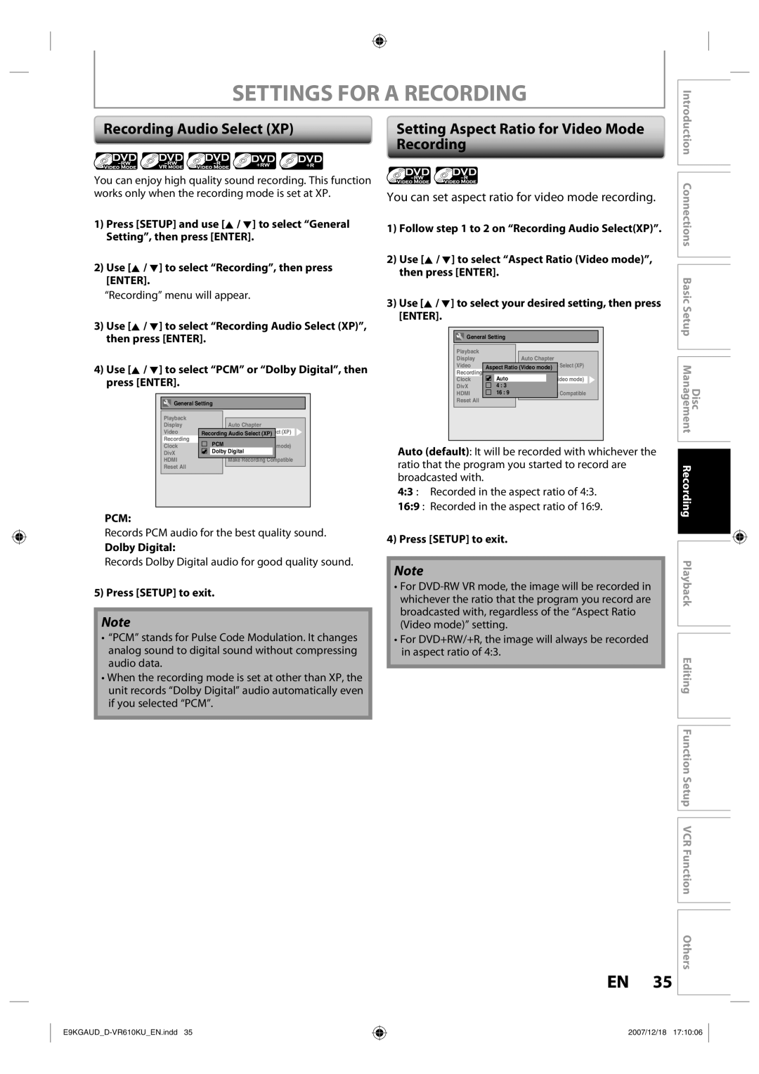 Toshiba D-VR610KU Settings for a Recording, Recording Audio Select XP, Setting Aspect Ratio for Video Mode, Pcm 