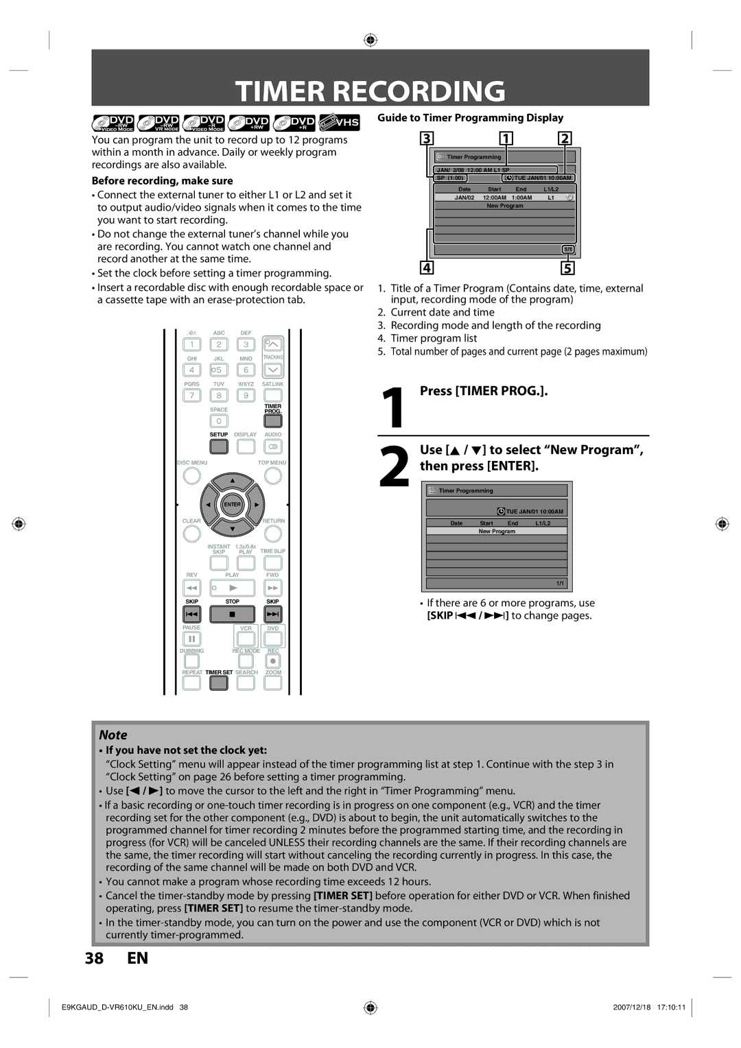 Toshiba D-VR610KU owner manual Timer Recording, Before recording, make sure, Guide to Timer Programming Display 