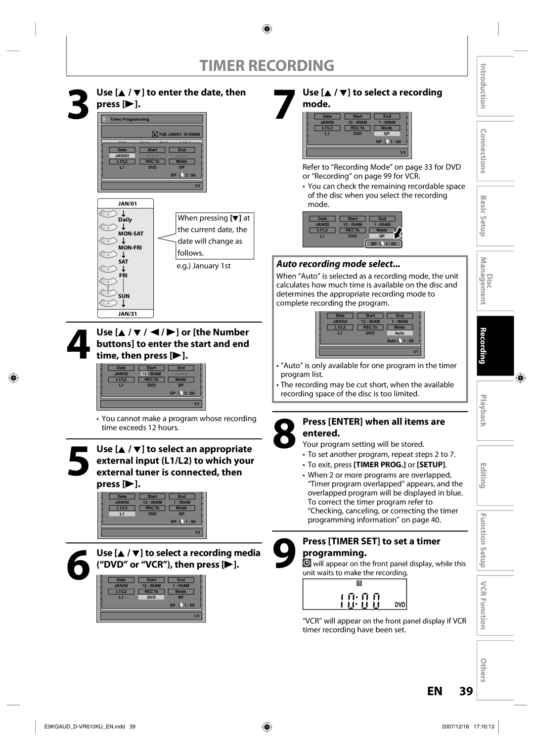 Toshiba D-VR610KU owner manual Timer Recording, Use K / L to enter the date, then press B, Press B 