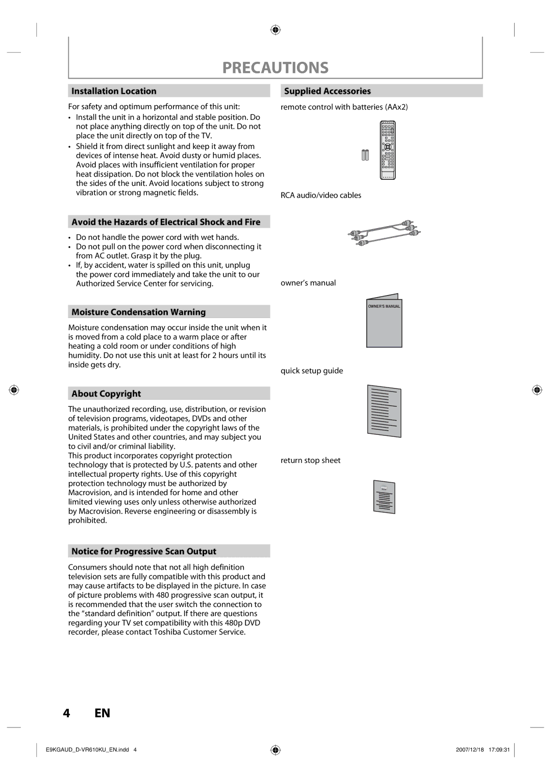 Toshiba D-VR610KU owner manual Installation Location, Supplied Accessories, Avoid the Hazards of Electrical Shock and Fire 