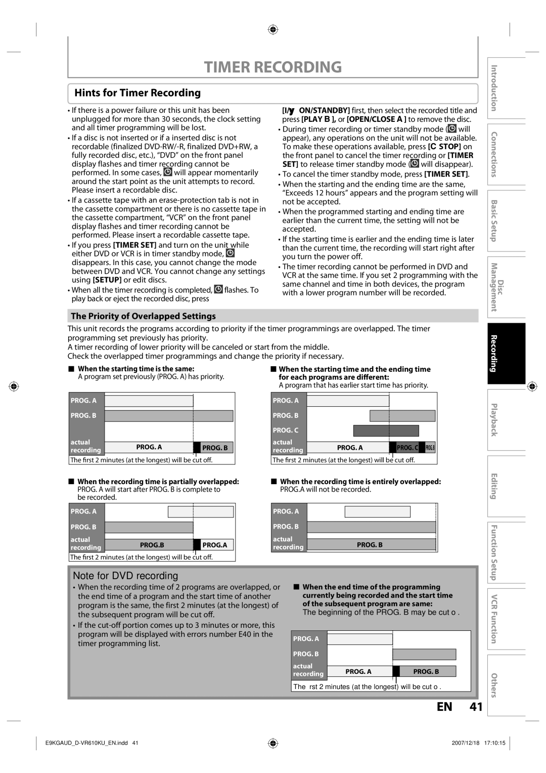 Toshiba D-VR610KU owner manual Hints for Timer Recording, Priority of Overlapped Settings 