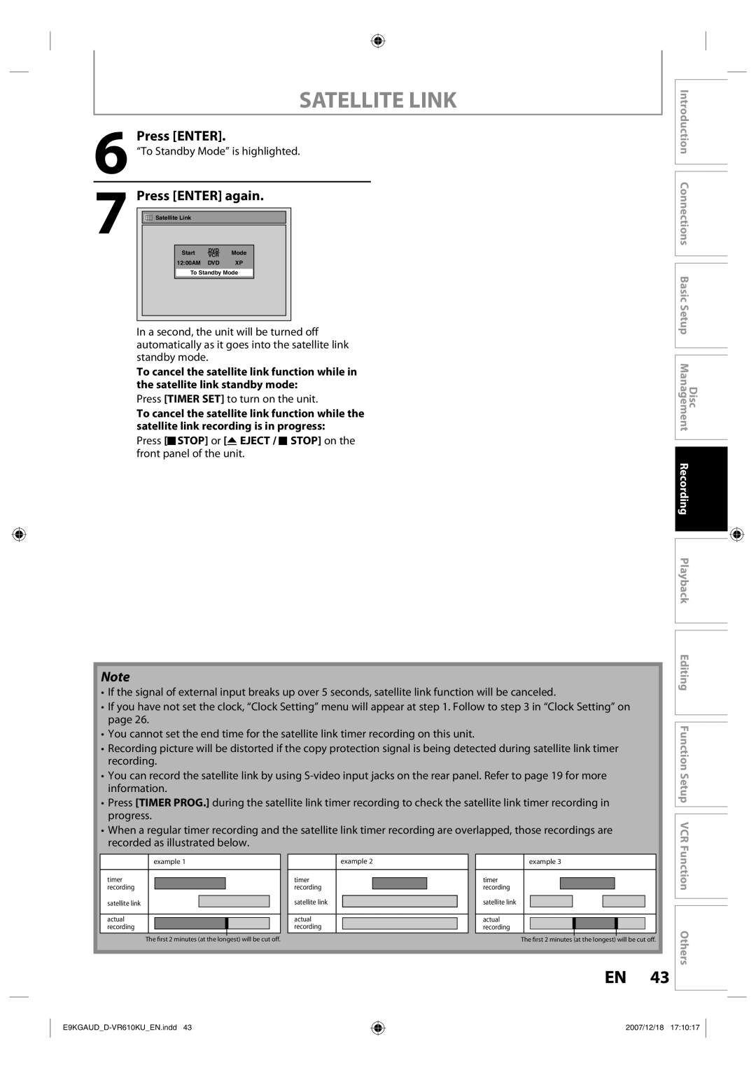 Toshiba D-VR610KU owner manual Satellite Link, Press Enter again, To Standby Mode is highlighted 