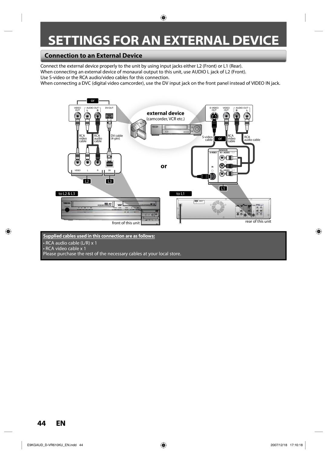 Toshiba D-VR610KU owner manual External device, Connection to an External Device 