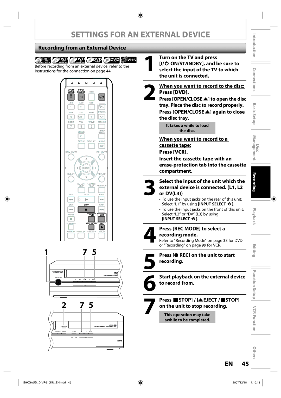 Toshiba D-VR610KU owner manual Settings for AN External Device, Recording from an External Device 