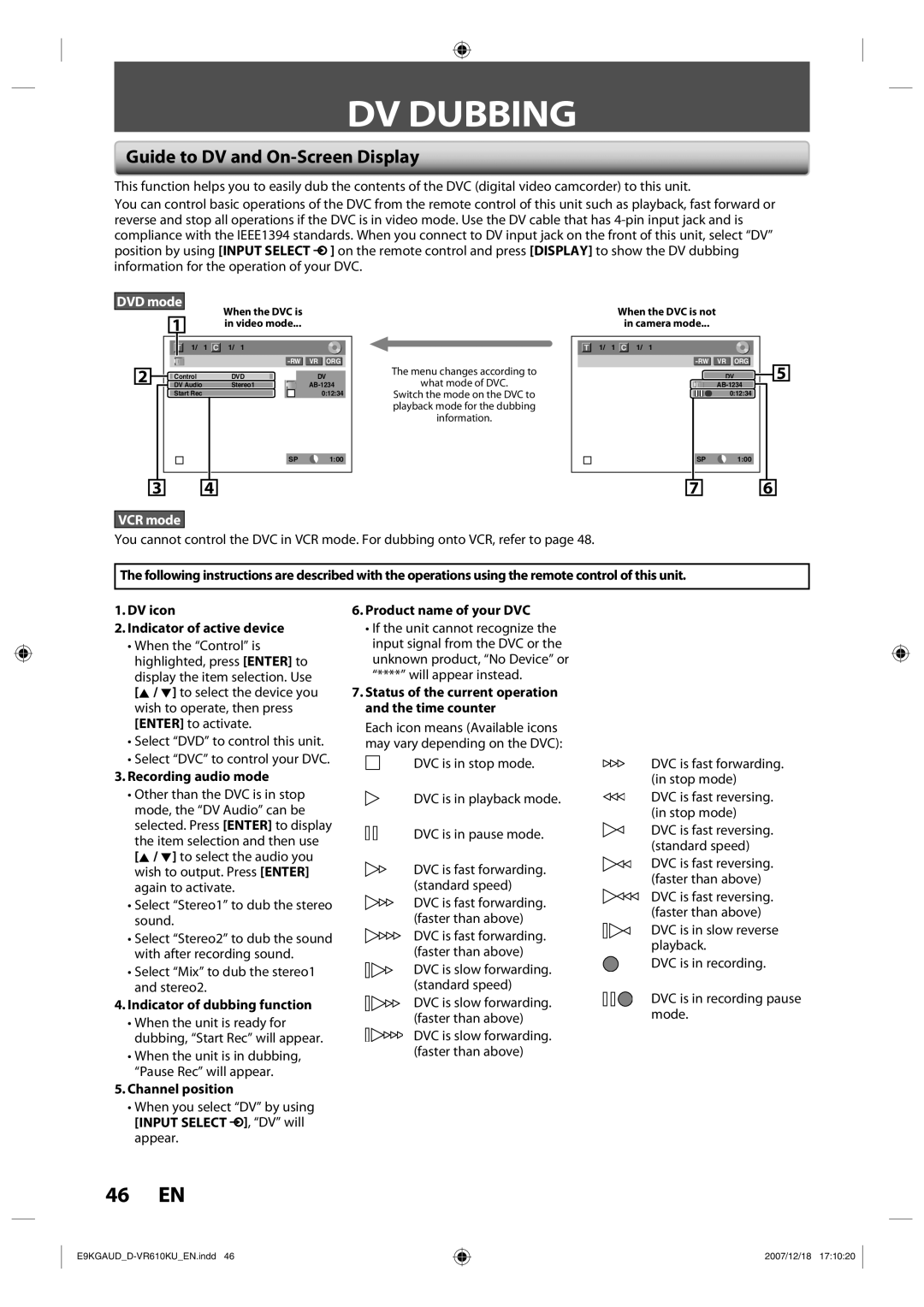 Toshiba D-VR610KU owner manual DV Dubbing, Guide to DV and On-Screen Display 