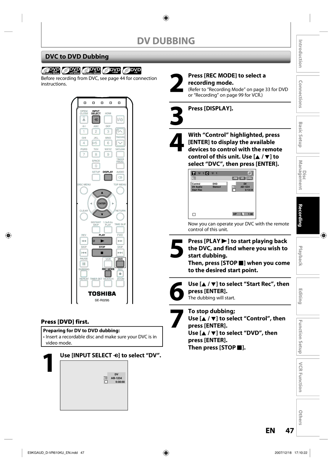 Toshiba D-VR610KU DV Dubbing, DVC to DVD Dubbing, Press DVD first, Press Display, Use Input Select to select DV 