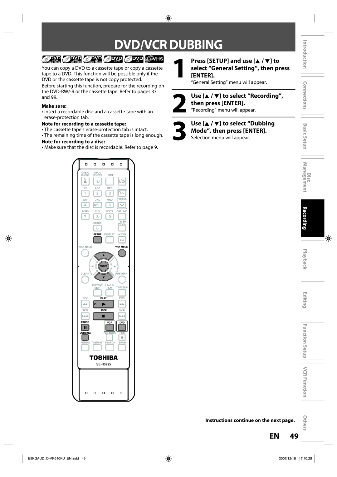 Toshiba D-VR610KU owner manual DVD/VCR Dubbing, Use K / L to select Dubbing Mode, then press Enter, Make sure 