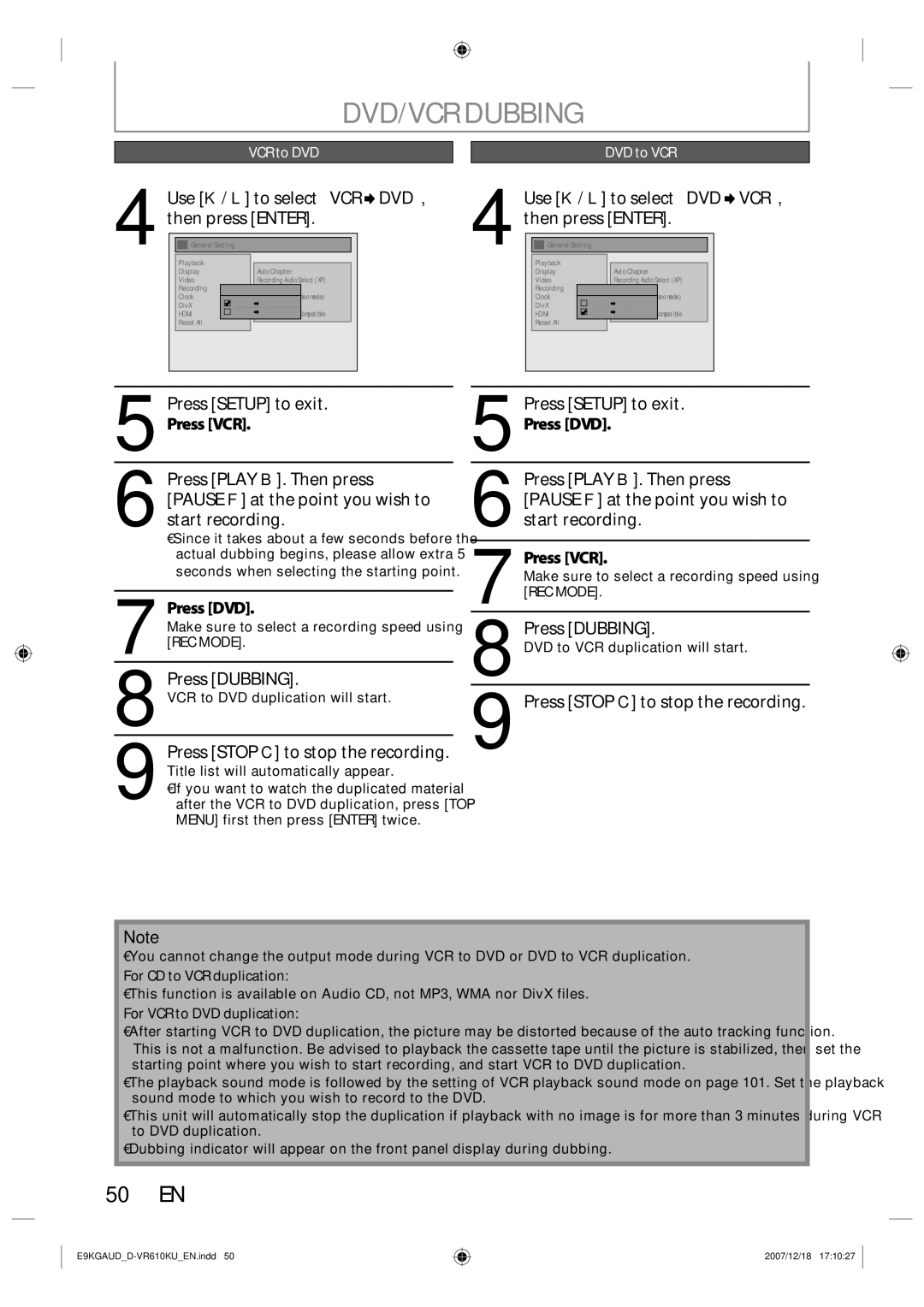 Toshiba D-VR610KU DVD/VCR Dubbing, Press DVD, Press Dubbing, Press Stop C to stop the recording, VCR to DVD DVD to VCR 