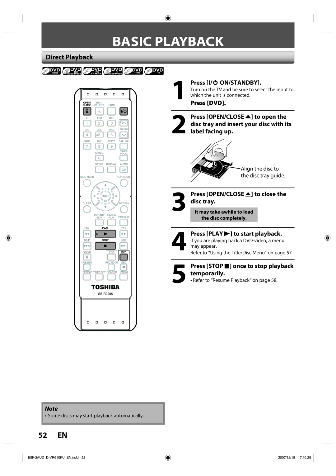 Toshiba D-VR610KU owner manual Basic Playback, Direct Playback, Press Stop C once to stop playback temporarily 