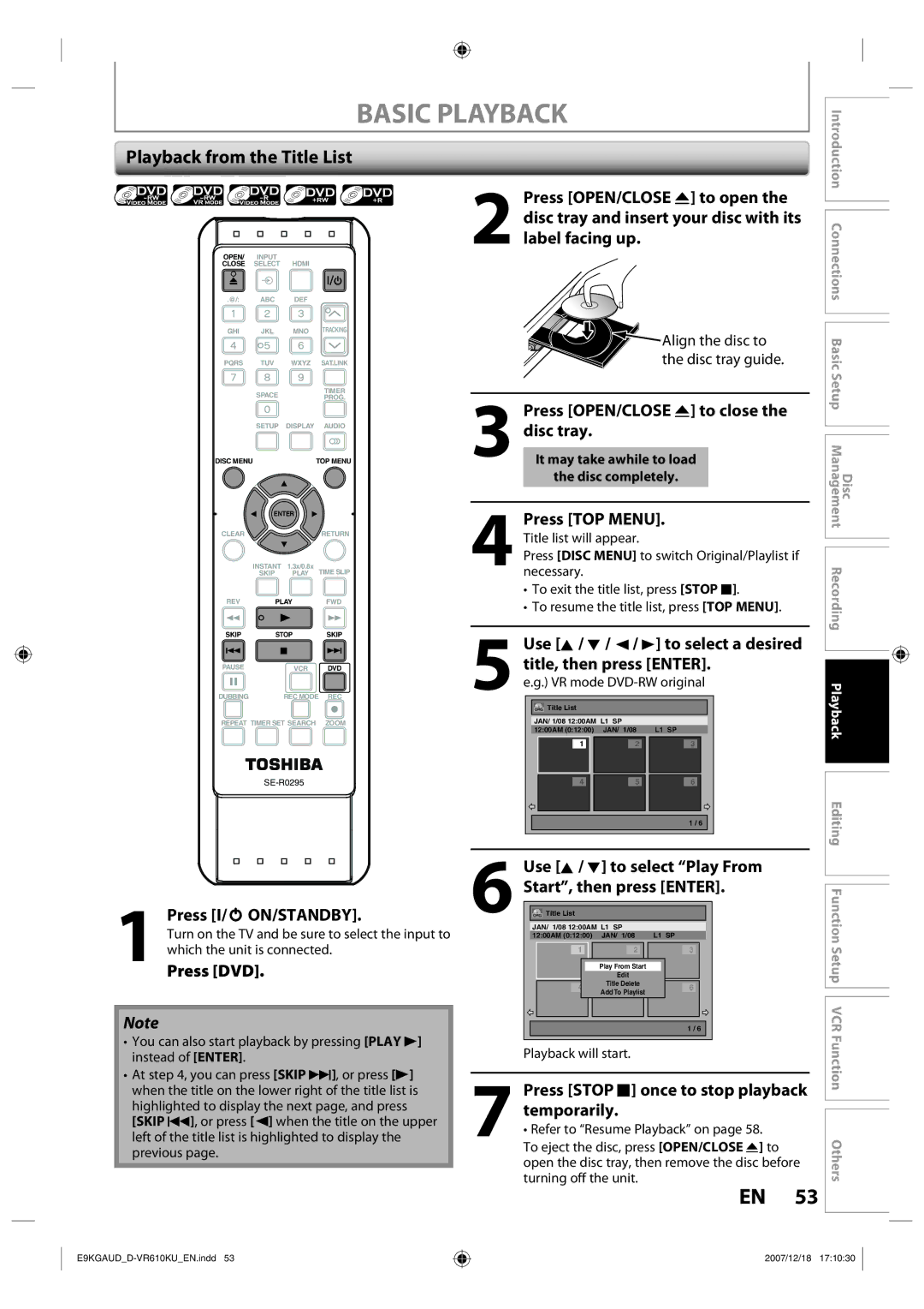 Toshiba D-VR610KU owner manual Basic Playback, Playback from the Title List 