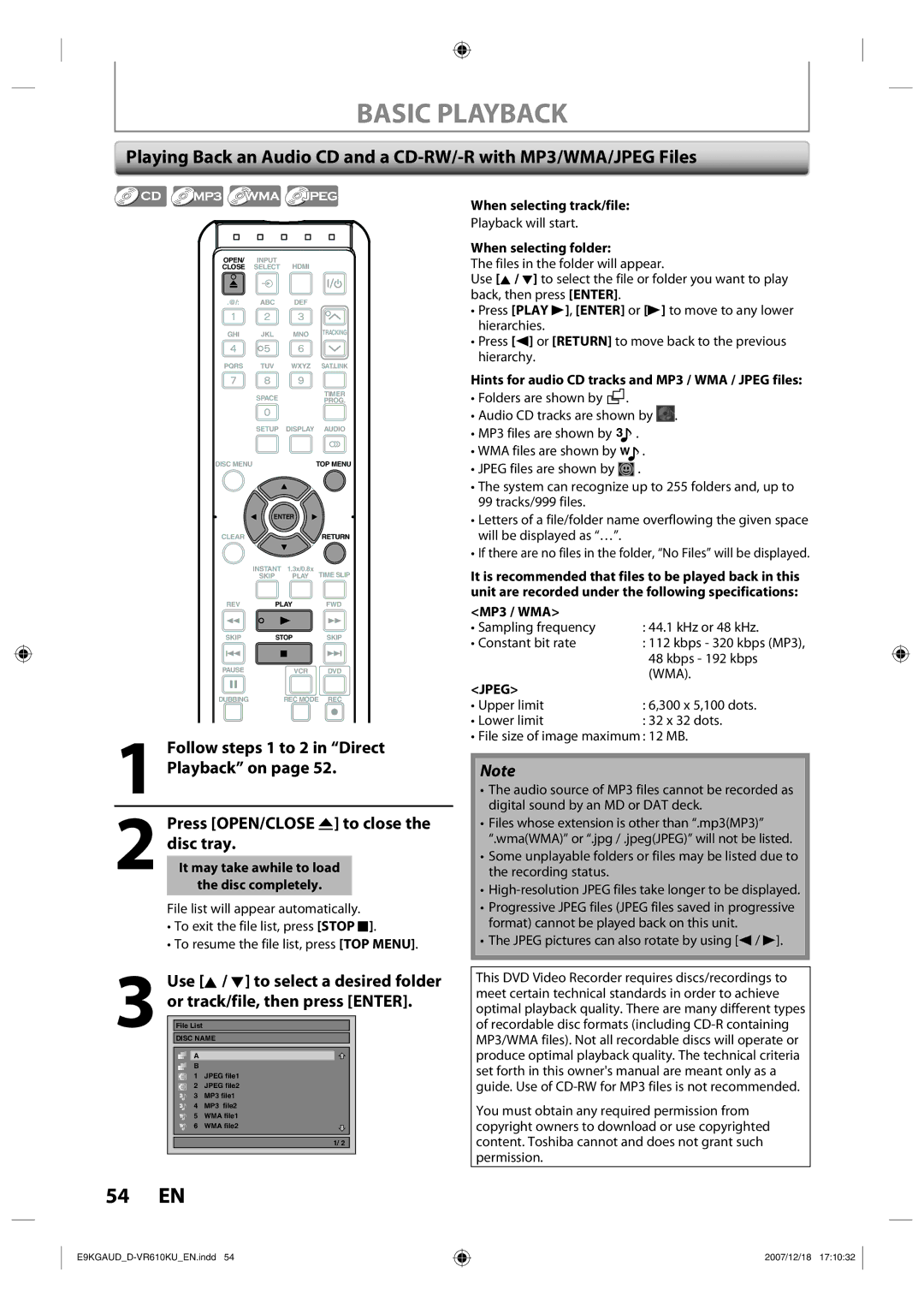 Toshiba D-VR610KU When selecting track/file, When selecting folder, Hints for audio CD tracks and MP3 / WMA / Jpeg files 