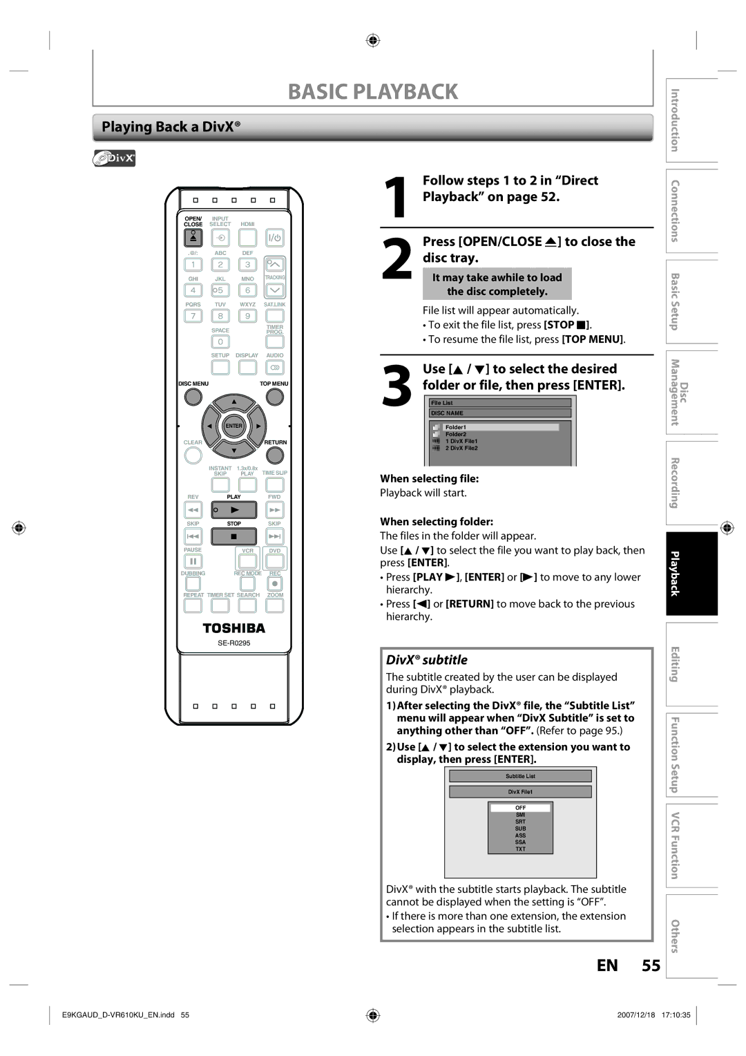 Toshiba D-VR610KU owner manual Playing Back a DivX, Follow steps 1 to 2 in Direct Playback on, When selecting file 