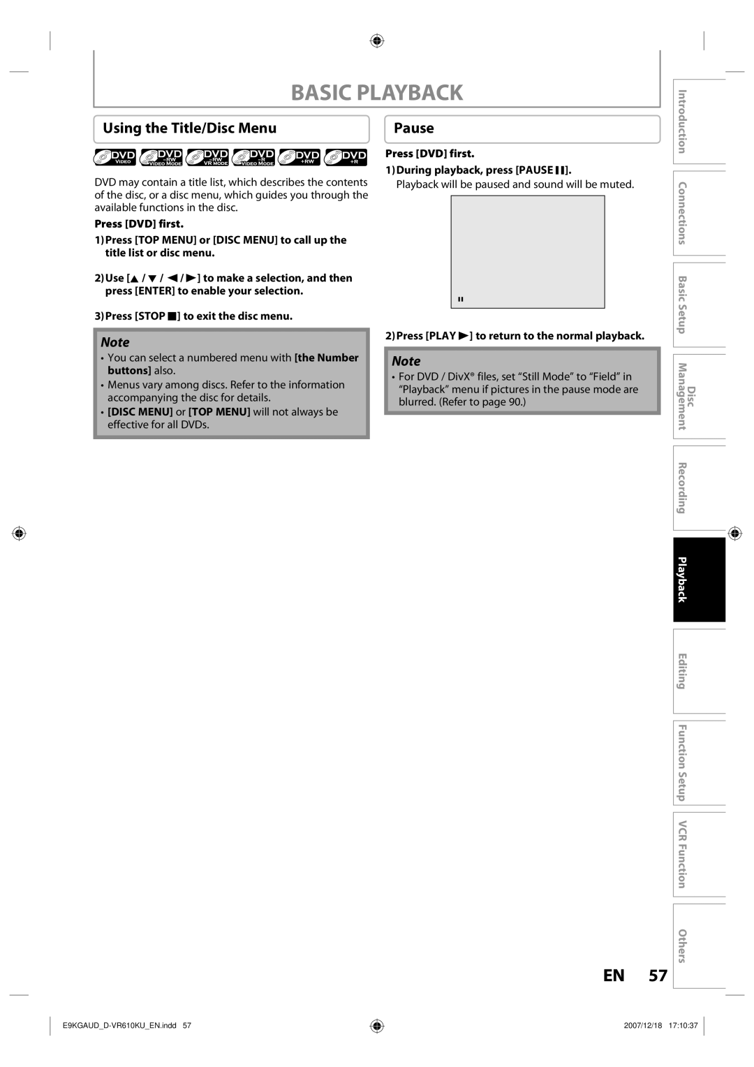 Toshiba D-VR610KU owner manual Using the Title/Disc Menu, Press DVD first During playback, press Pause F 