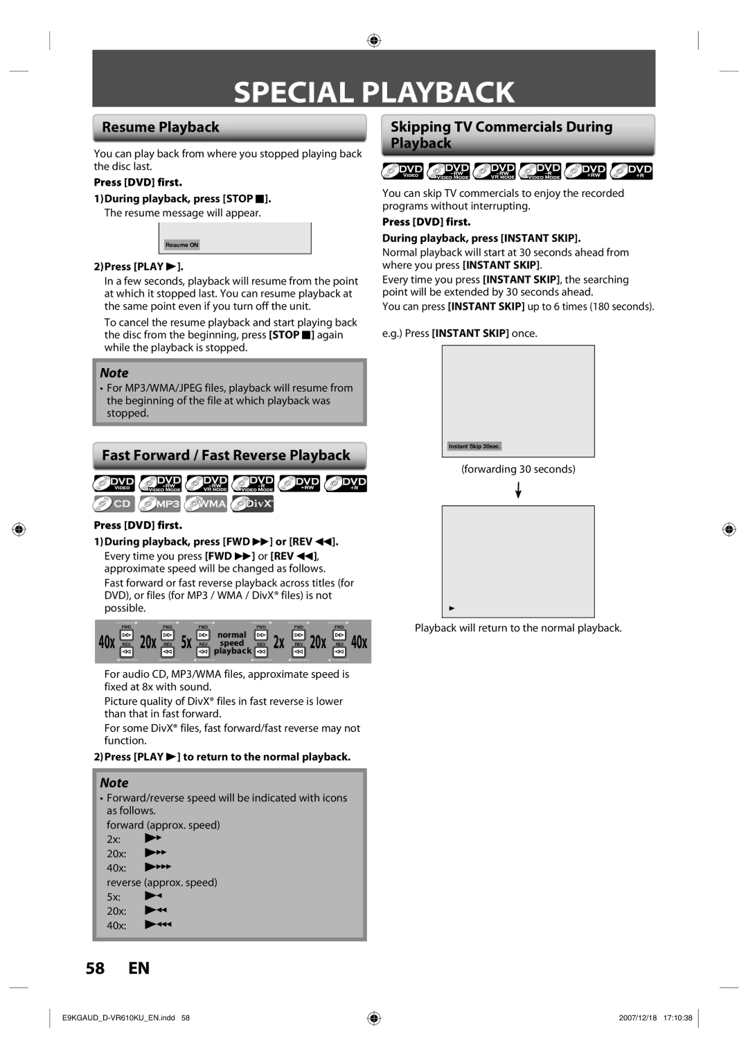 Toshiba D-VR610KU owner manual Special Playback, Resume Playback, Fast Forward / Fast Reverse Playback, 40x REV 