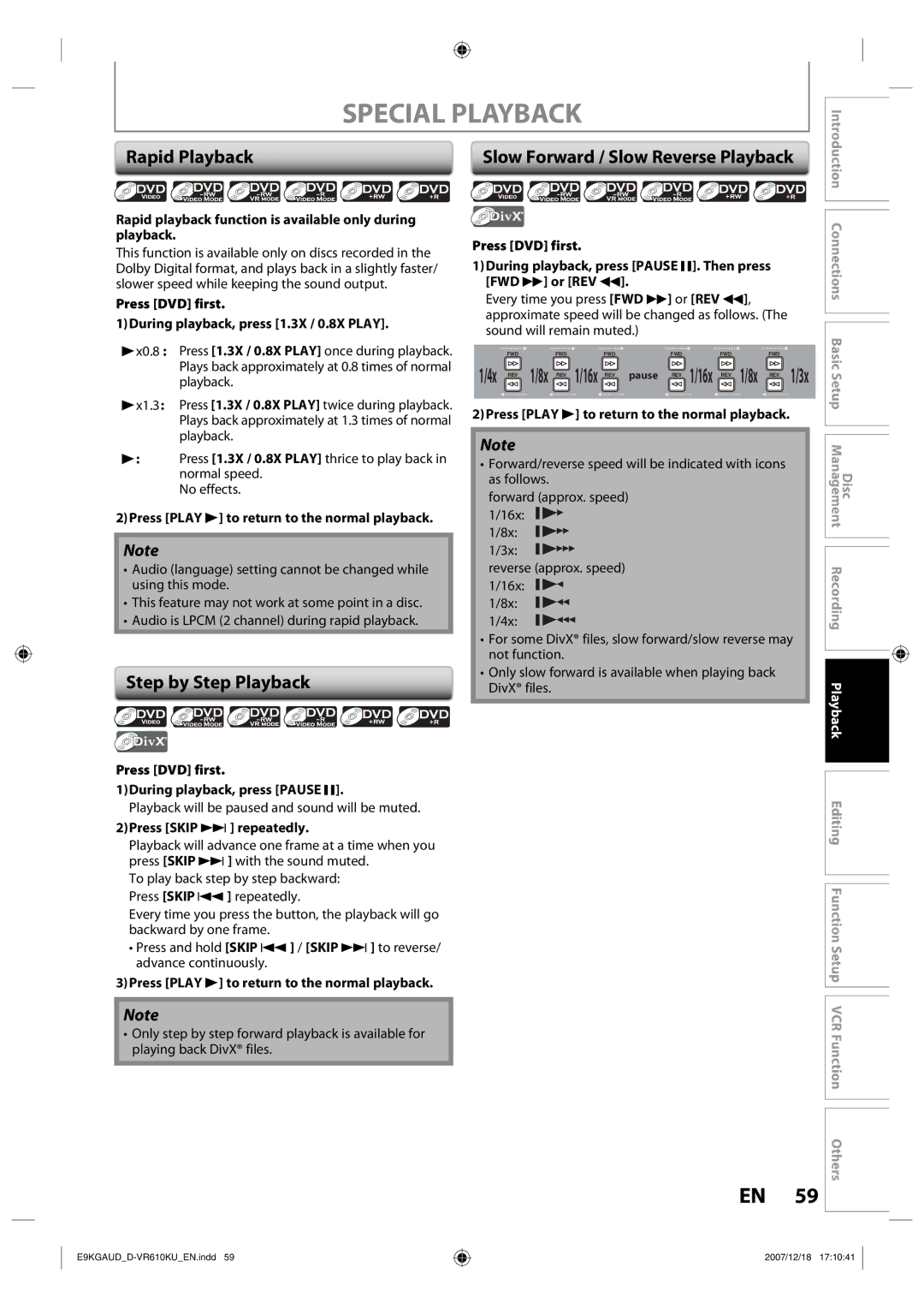 Toshiba D-VR610KU Special Playback, Rapid Playback, Step by Step Playback, Slow Forward / Slow Reverse Playback, 4x REV 