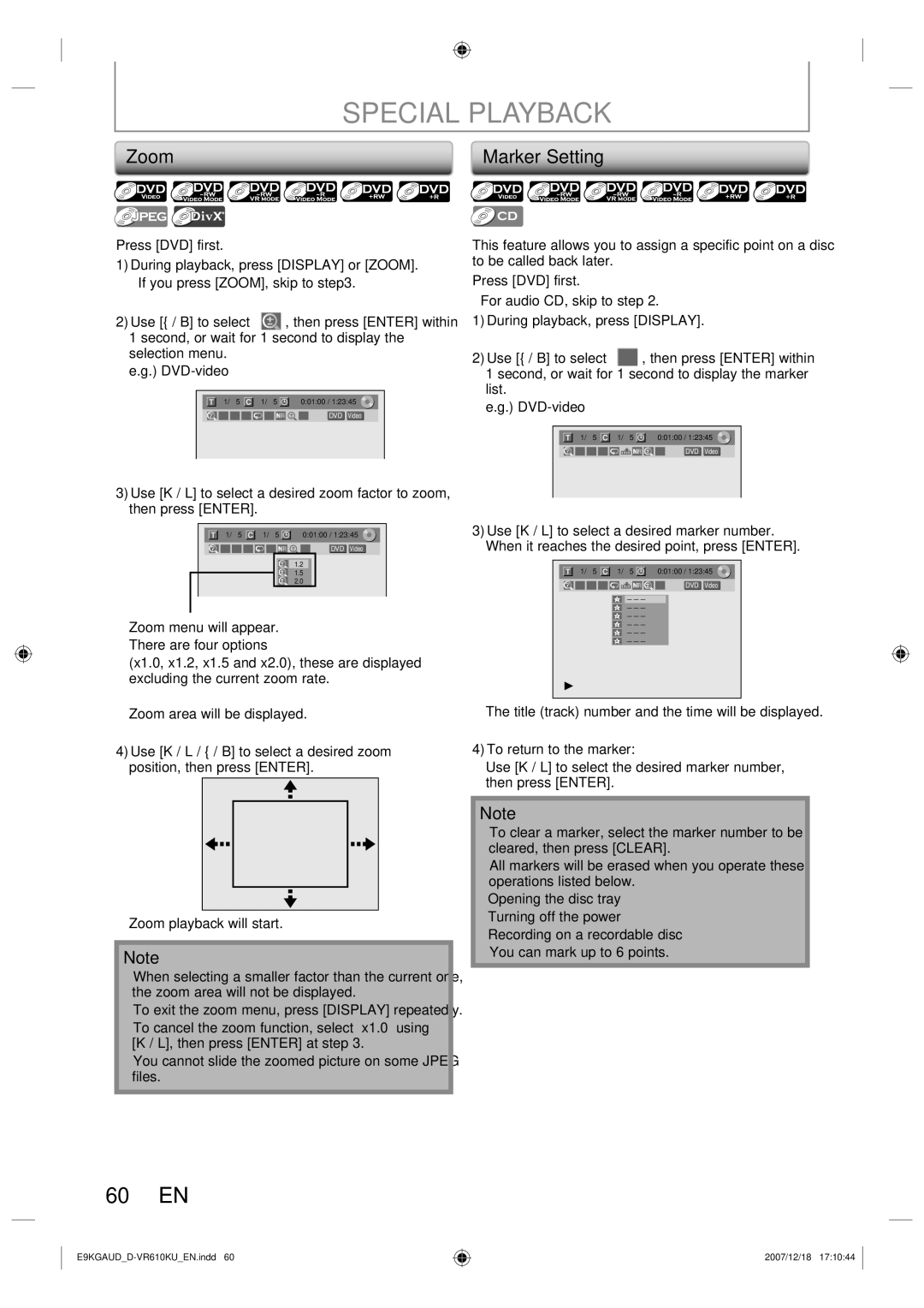 Toshiba D-VR610KU owner manual Marker Setting, Press DVD first During playback, press Display or Zoom 