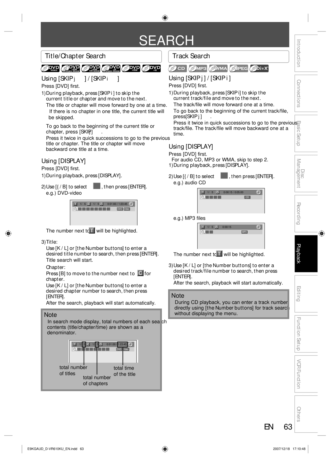 Toshiba D-VR610KU owner manual Title/Chapter Search, Using Skip j / Skip, Using Display 