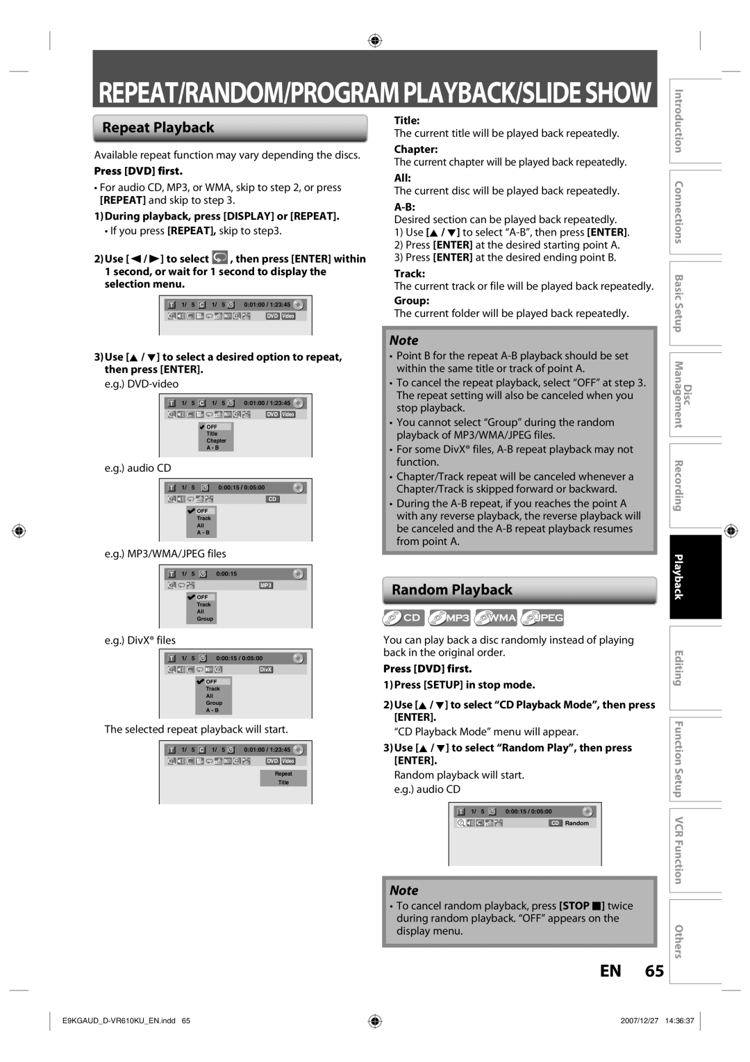 Toshiba D-VR610KU owner manual Repeat Playback, Random Playback 